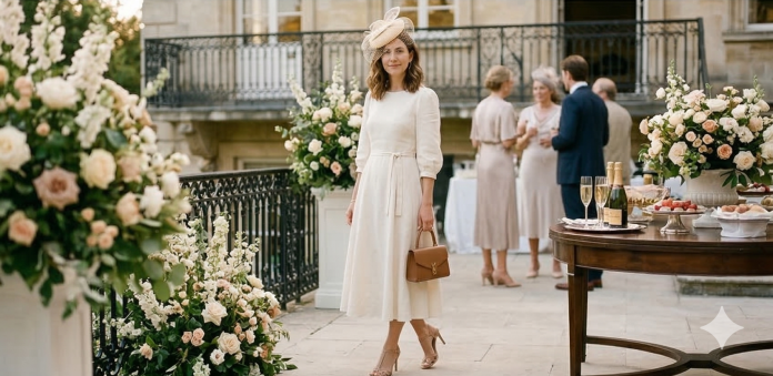O femeie elegantă purtând o rochie midi modestă eveniment